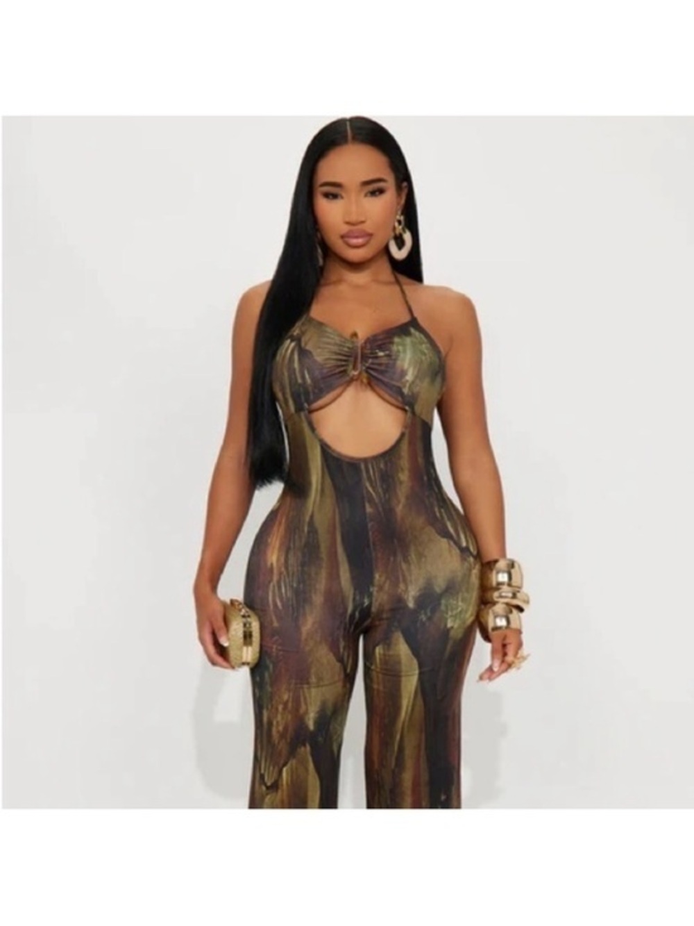 Fashion Nova Olive Marble Cutout Halter Jumpsuit